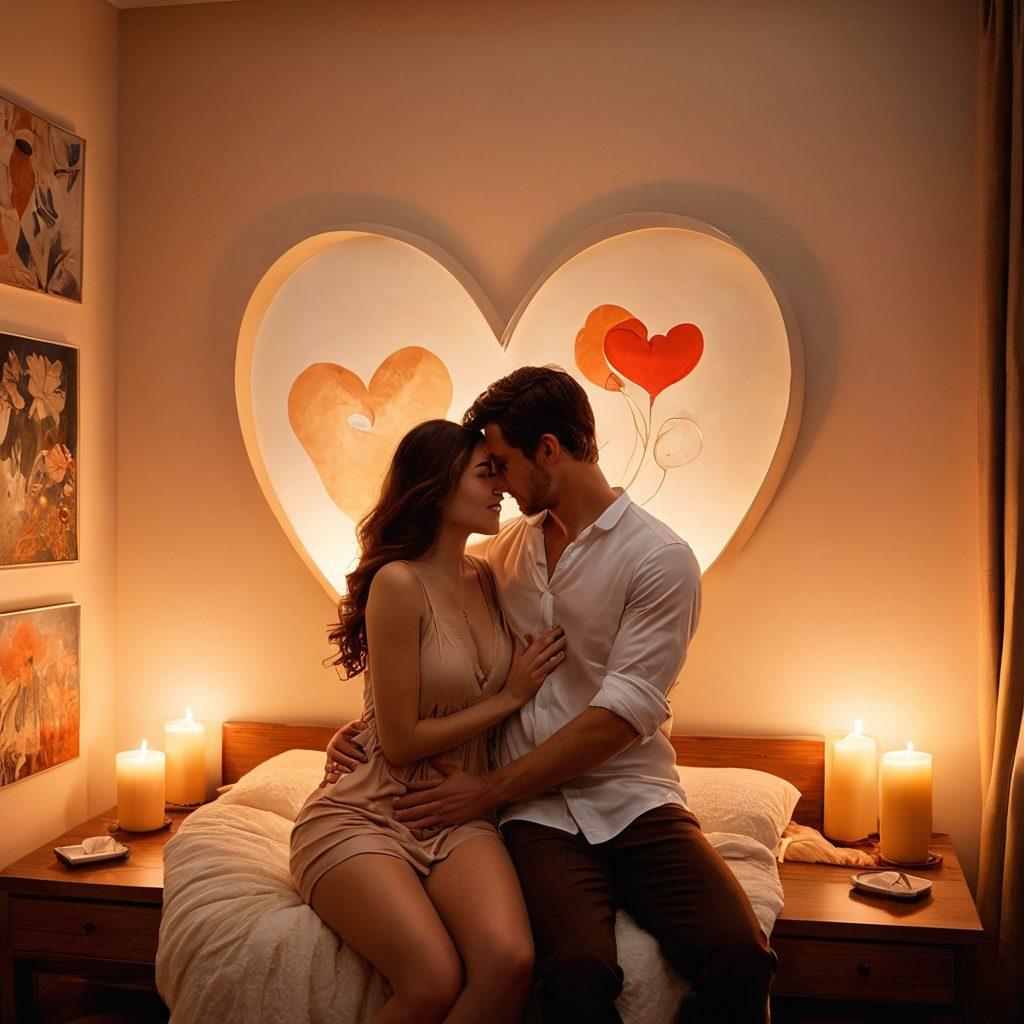 A warm and inviting setting featuring a cozy couple embracing in a softly lit room, surrounded by artful decor that reflects intimacy and connection. Include diverse symbols of love such as heart shapes, candles, and a subtle backdrop of artworks that convey passion. The atmosphere should convey a sense of comfort and understanding, inviting viewers to explore the theme of intimacy. super-realistic. warm tones. soft lighting.