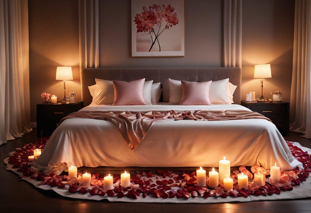An intimate and cozy bedroom setting with soft lighting, adorned with romantic elements like candles, rose petals, and silk sheets, featuring a couple sharing a passionate moment, embodying trust and connection. Emphasize warm tones and a tranquil atmosphere, inviting tranquility and intimacy. soft focus. vibrant colors. 3D.