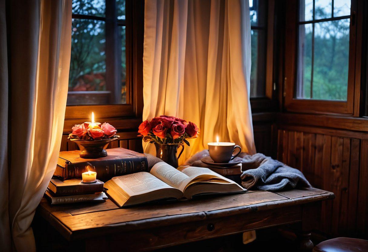 A cozy reading nook with plush pillows and warm lighting, featuring a variety of erotic literature books stacked on a rustic wooden table. In the background, soft curtains flutter slightly with a gentle breeze, and a steaming cup of tea rests beside an open book. Subtle sensual motifs, like delicate roses and silk fabrics, enhance the ambiance. The overall atmosphere should evoke intimacy and passion. super-realistic. warm colors. inviting mood.